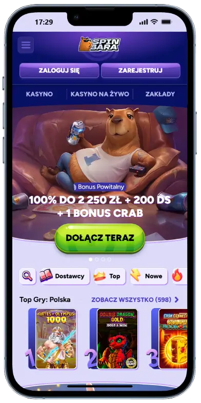 Strona główna SpinBara Kasyno z banerem bonusu powitalnego 100% do 2250 zł + 200 DS + 1 Bonus Crab, przyciskiem Dołącz Teraz oraz sekcją Top Gry Polska z trzema najlepszymi slotami