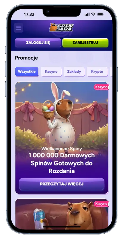 Strona promocji SpinBara z wielkanocną ofertą: 1 000 000 Darmowych Spinów Gotowych do Rozdania, zakładki filtrów Wszystkie, Kasyno, Zakłady i Krypto