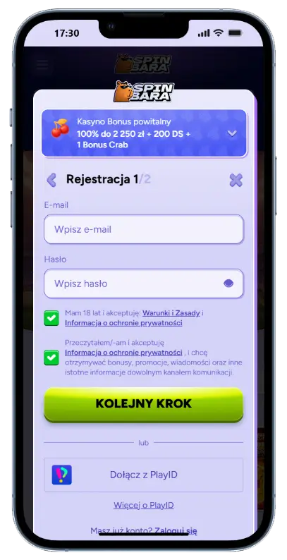 Formularz rejestracji SpinBara Kasyno – krok 1 z 2: pola e-mail i hasło, zaznaczone zgody regulaminowe oraz przycisk Kolejny Krok i opcja rejestracji przez PlayID