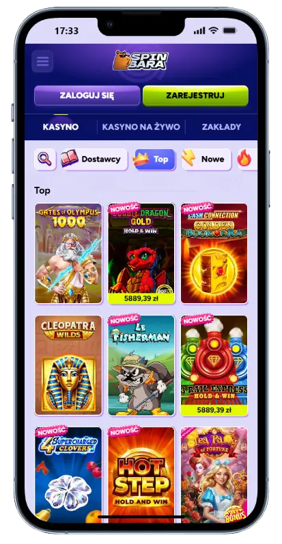Sekcja Top gier w SpinBara Casino z siatką slotów: Gates of Olympus 1000, Double Dragon Gold, Cash Connection, Cleopatra Wilds, Le Fisherman, Hot Step i inne tytuły od popularnych dostawców